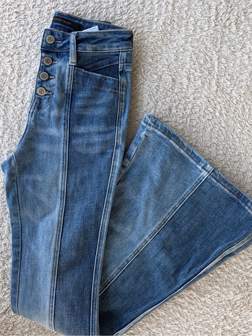 Flying Monkey Two-Tone High-Rise Flare Jeans in Blue
